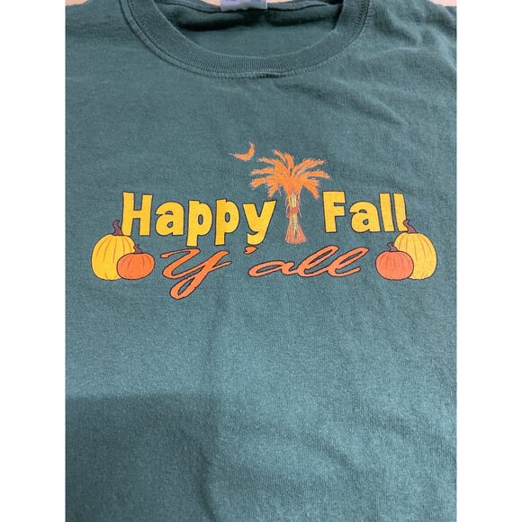 Gildan Happy Fall Yall Graphic TShirt M Green Short Sleeve Thanksgiving Pumpkins - Picture 2 of 7
